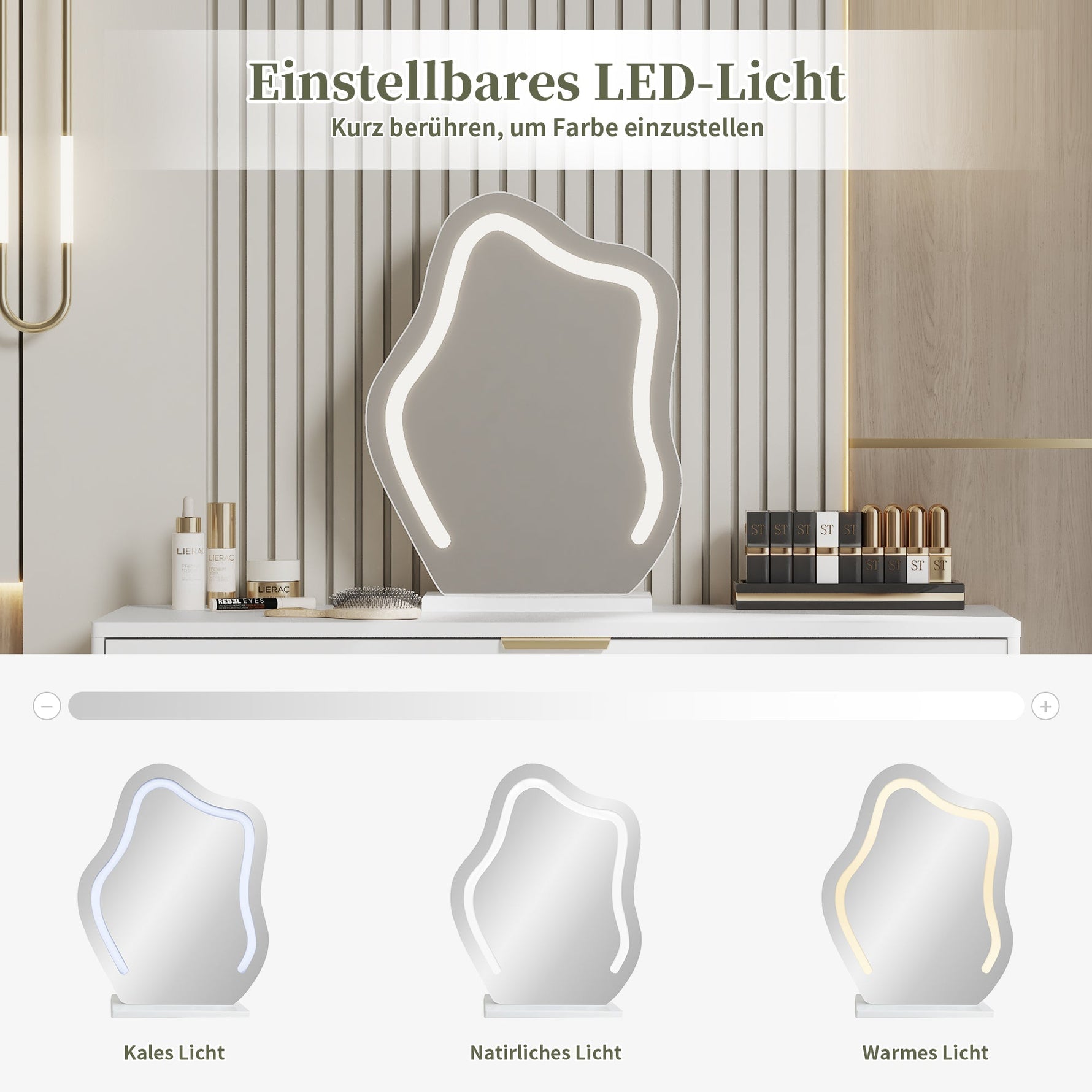 Dressing table with LED-lit mirror, extendable design, white
