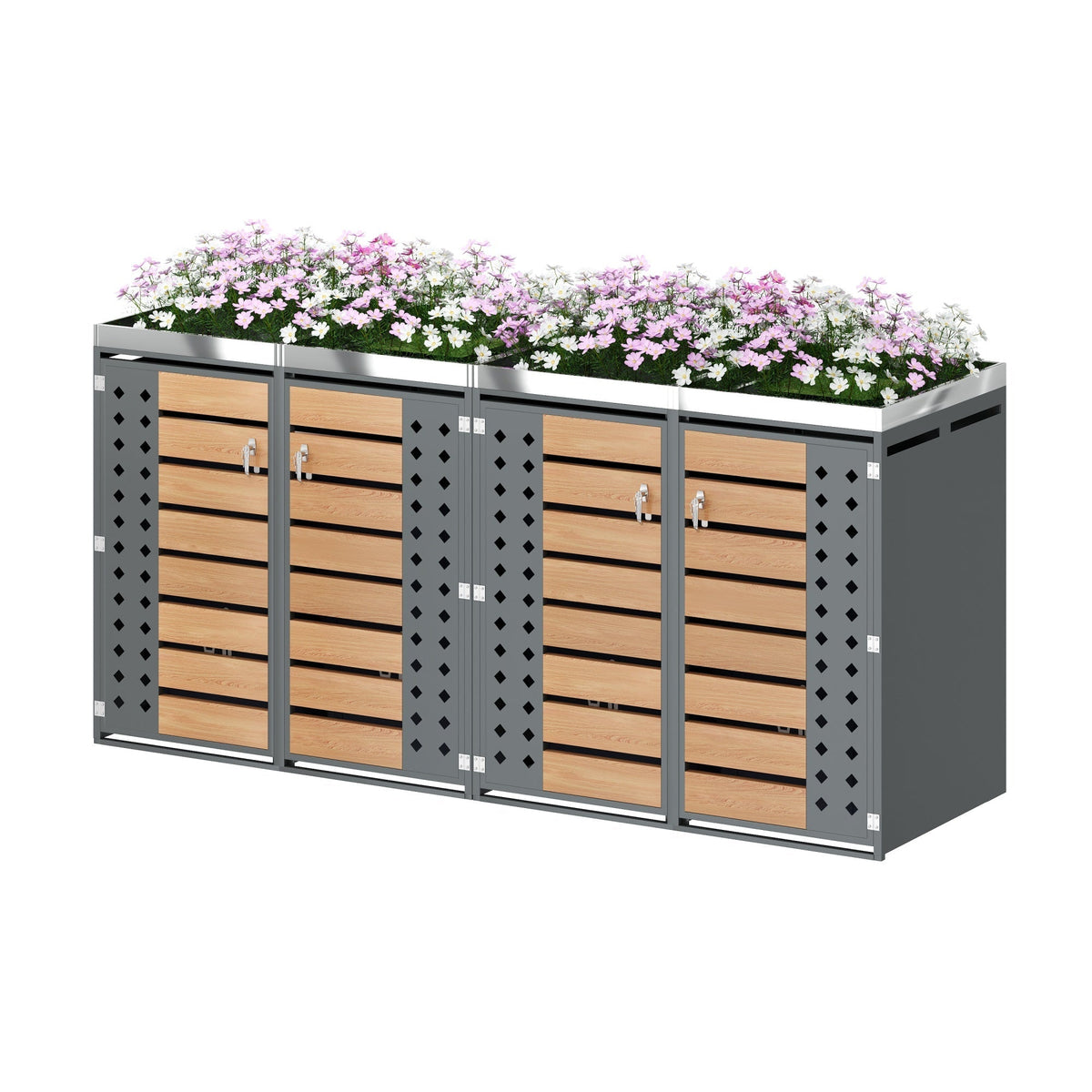 Garbage Can Enclosure with Lockable Four Doors and Planting Area, Horizontal Wood Grain Panels