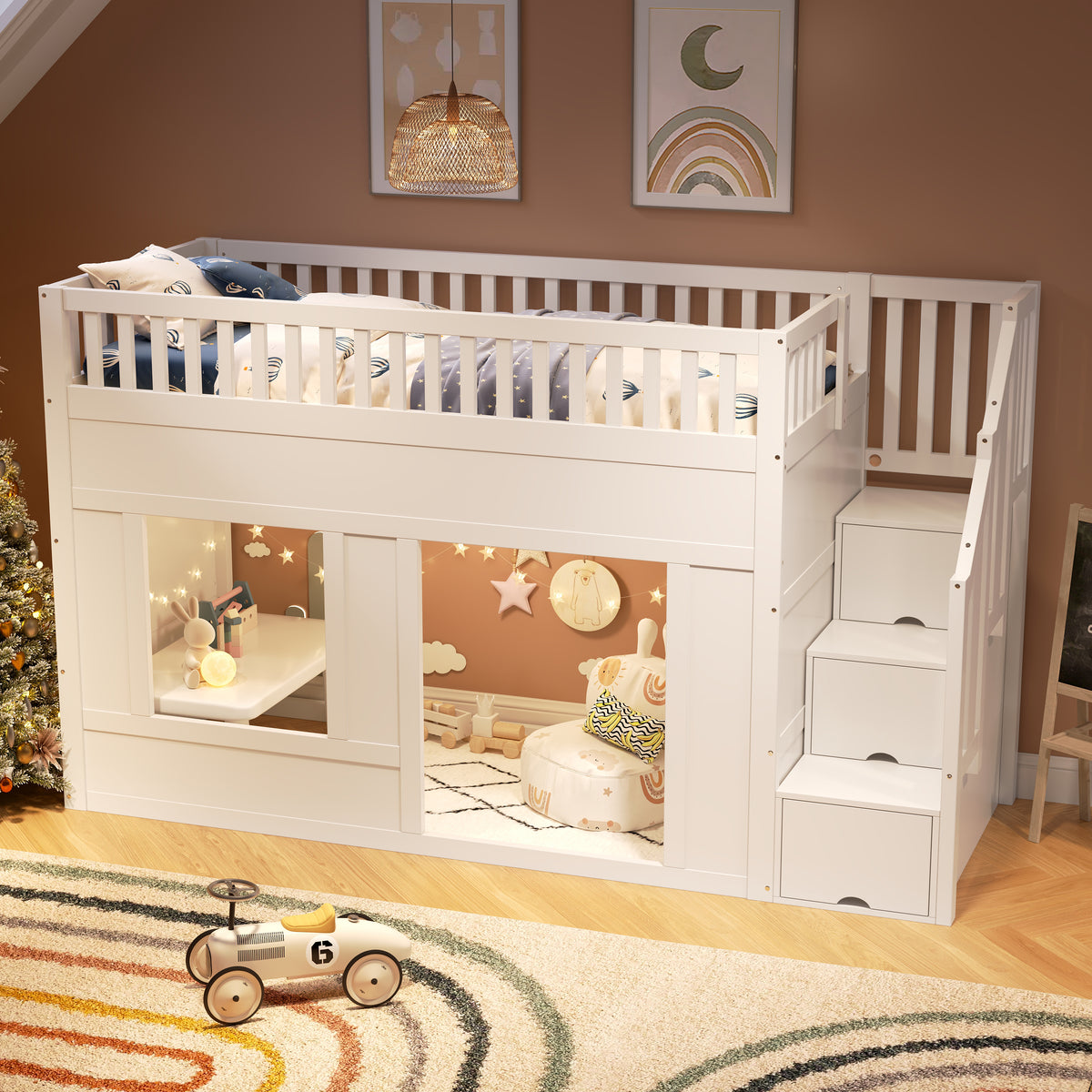 Children's Bunk Bed 90x200cm with Staircase Wardrobe, White