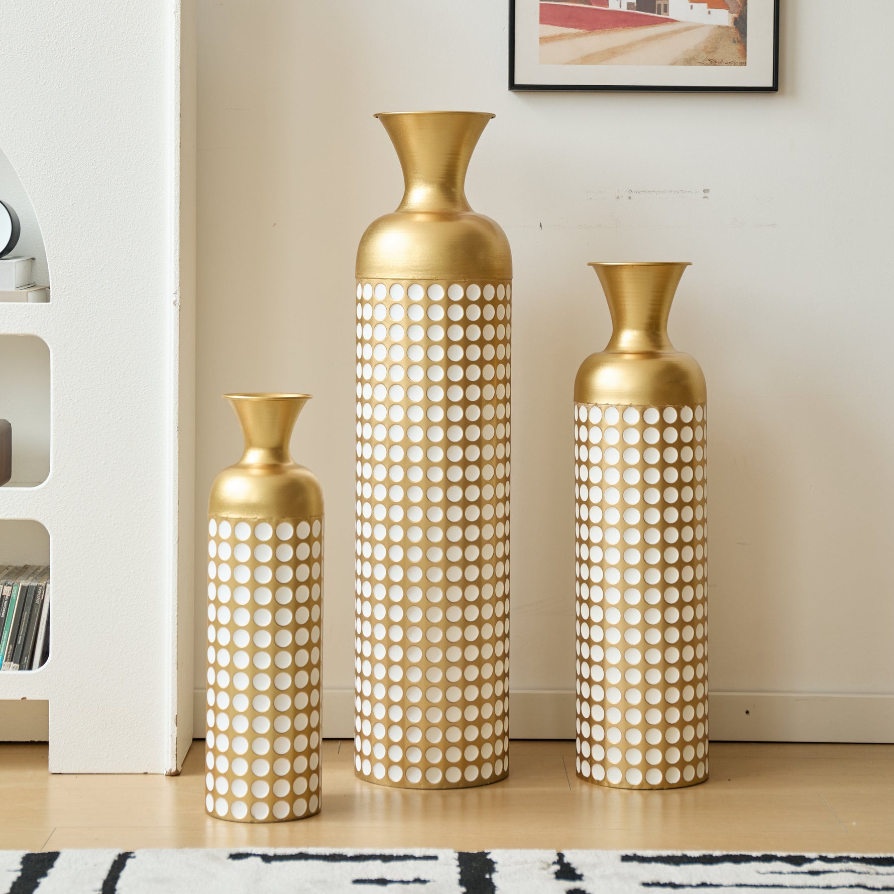 Floor Vase Set, 3 High Retro Vases 83/65/50cm, Decorative Metal Antique Gold