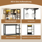 Kitchen Baker's Rack with Power Outlet and LED Lights, Microwave Shelf and Wine Glass Holder, Particle Board and Stainless Steel
