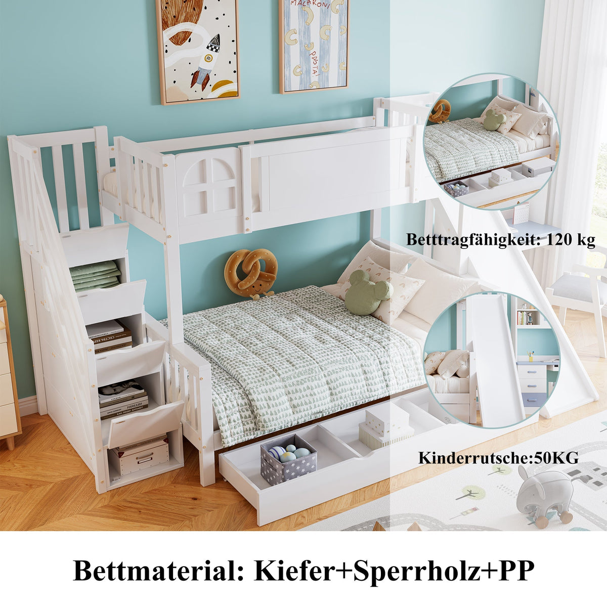 Bunk Bed, Children's with Slide, Drawers, Stairs & Lockers, Pine+MDF White