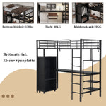 Iron Bunk Bed with Table Wardrobe Storage Ladder 90x200cm, Black Iron/Chipboard
