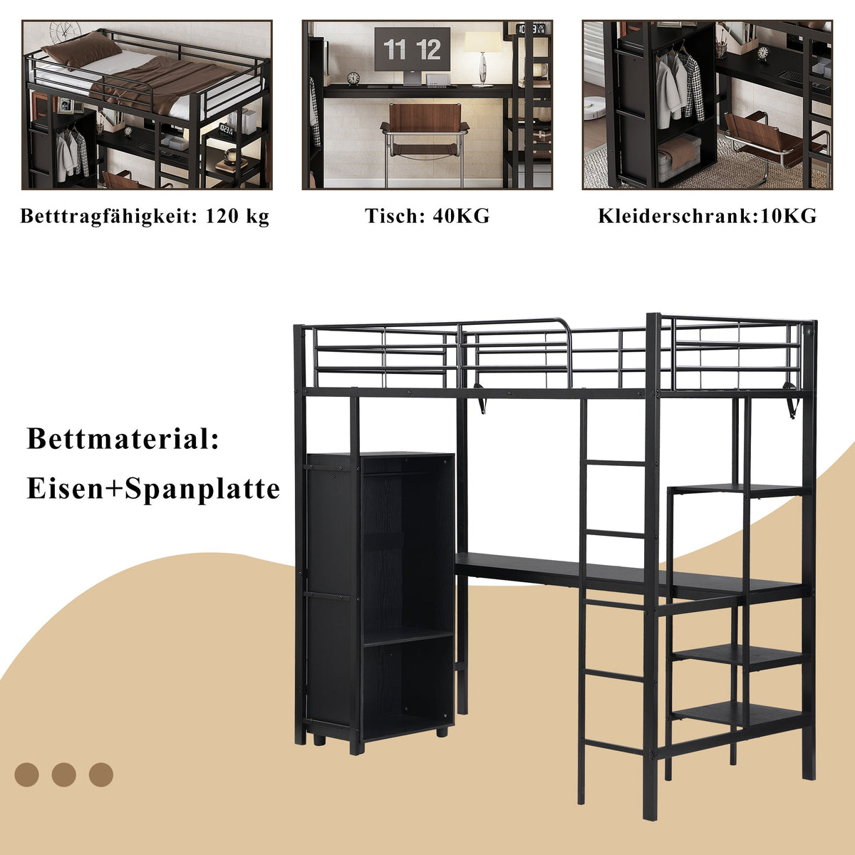 Iron Bunk Bed with Table Wardrobe Storage Ladder 90x200cm, Black Iron/Chipboard
