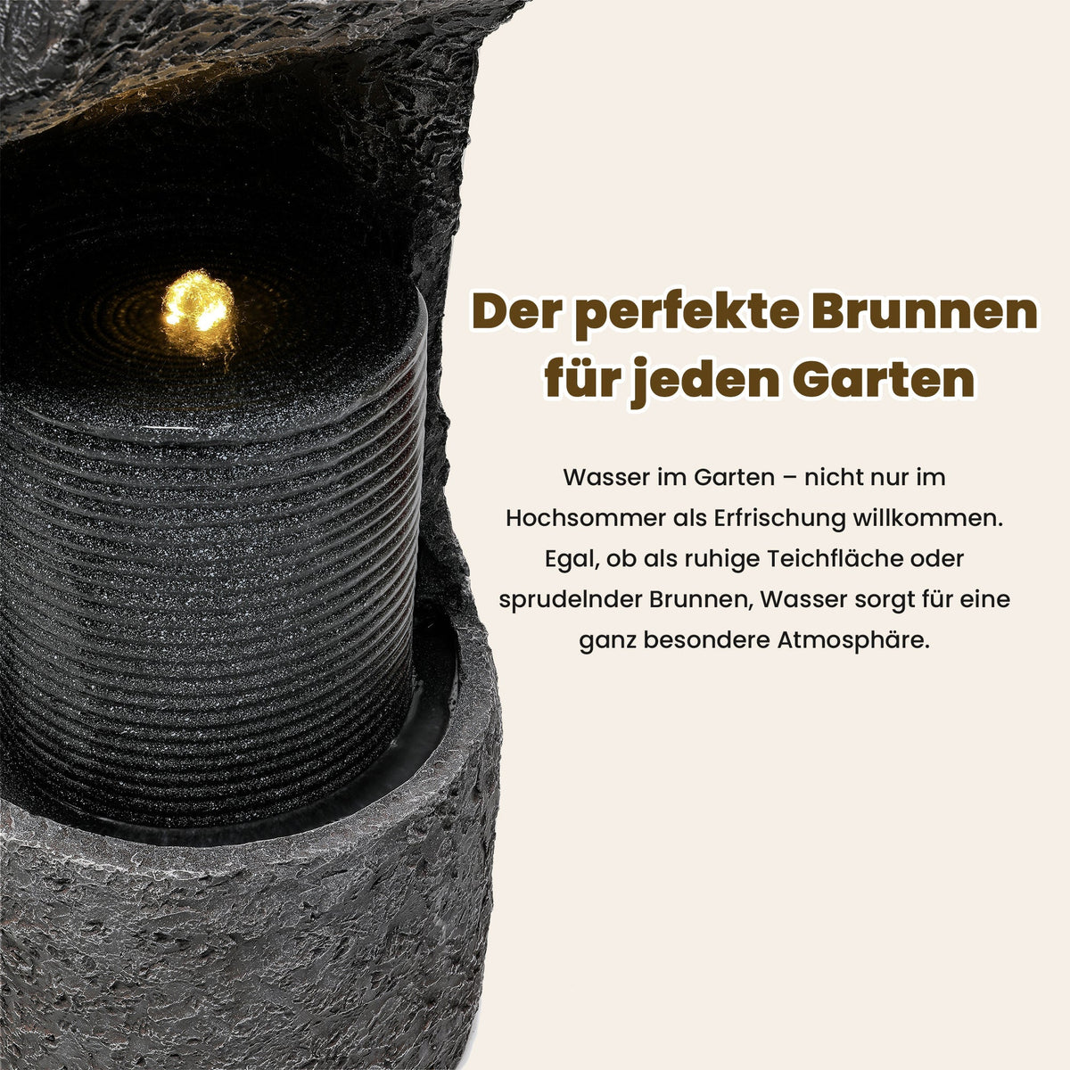 Garden Fountain with LED Lighting, Water Pump and Decorative Basin, Grey Artificial Stone