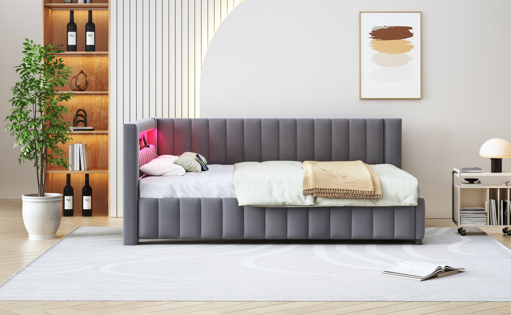 Upholstered Bed/Sofa Bed 140x200 LED Light USB Port Velvet Fabric, Grey