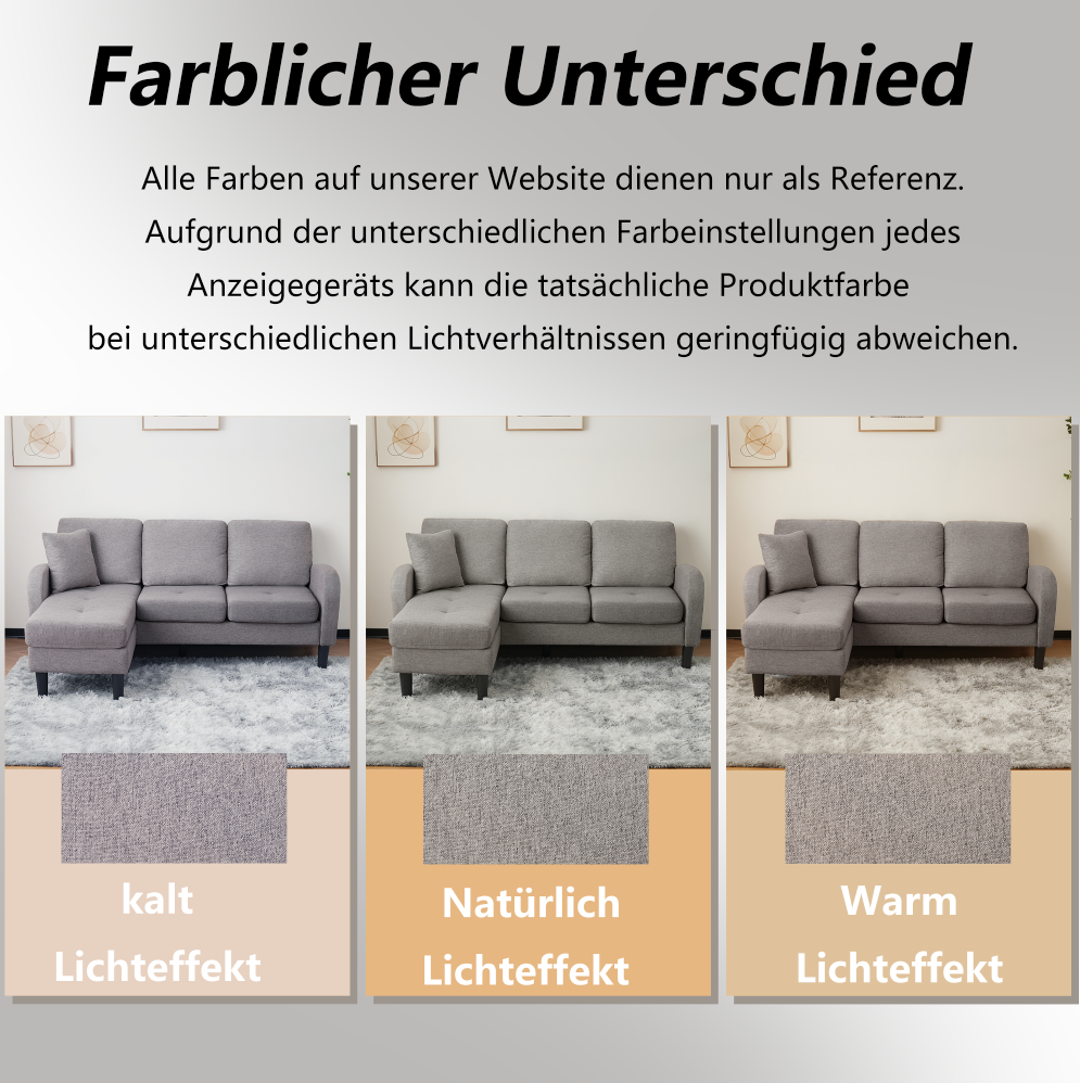 Sofa, L-Shaped Corner with Chaise, 3-Seater, Cotton Linen