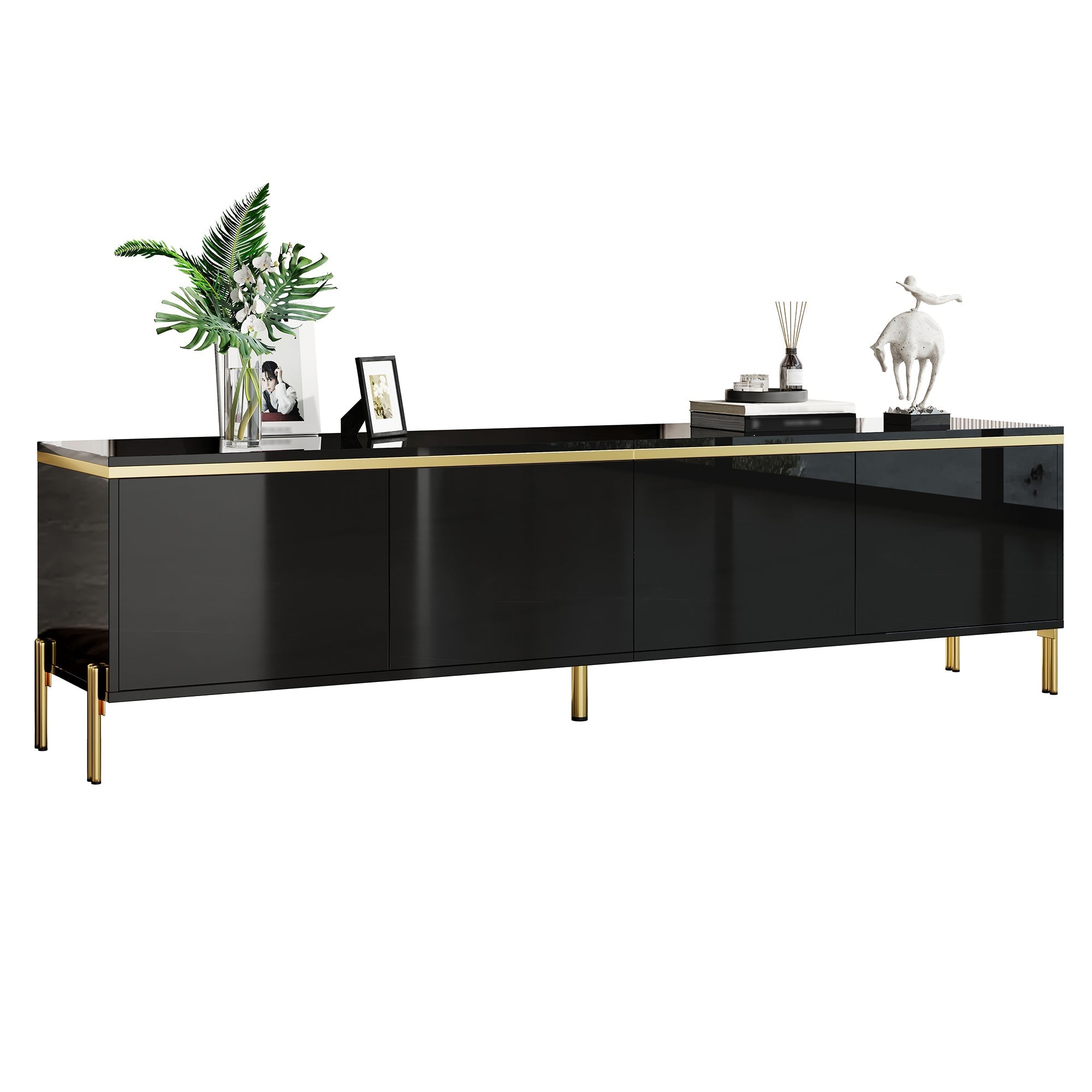 TV Stand Modern High-Gloss Storage 4 Doors Gold Trim