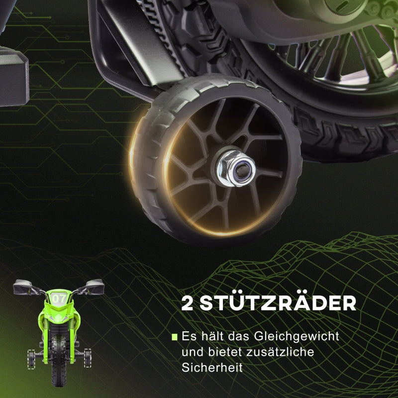 Electric Motorcycle for Children, 6V Battery Drive with Training Wheels and Sounds, Green