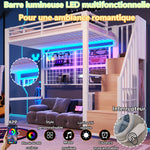 Loft Bed 90x200cm with Storage Ladder & LED Lights, White Iron Frame