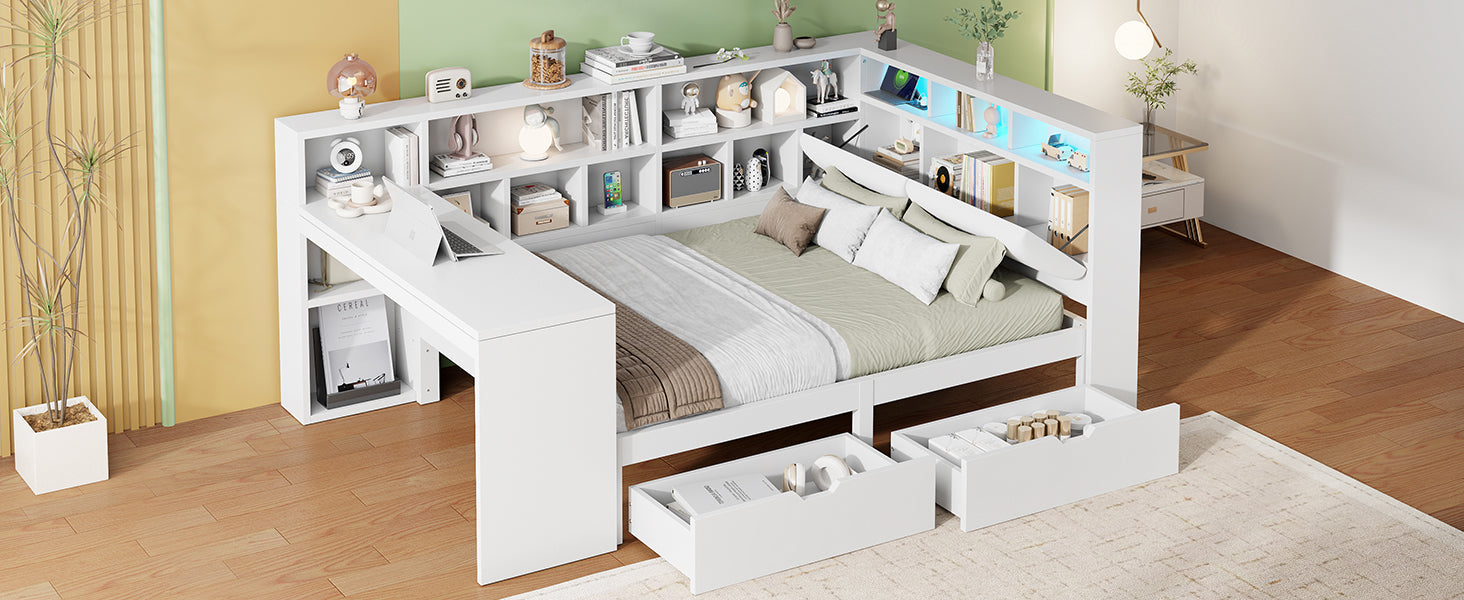 L-shaped Platform Bed 140x200 with Desk Bookshelf Upholstered Headboard Drawers LED Light White Wood