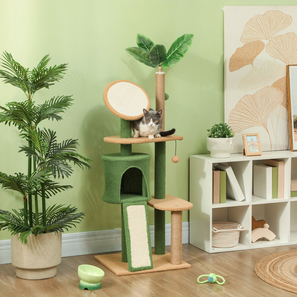 Cat Tree 139cm, with Cat Cave, Sisal Scratching Posts, Green