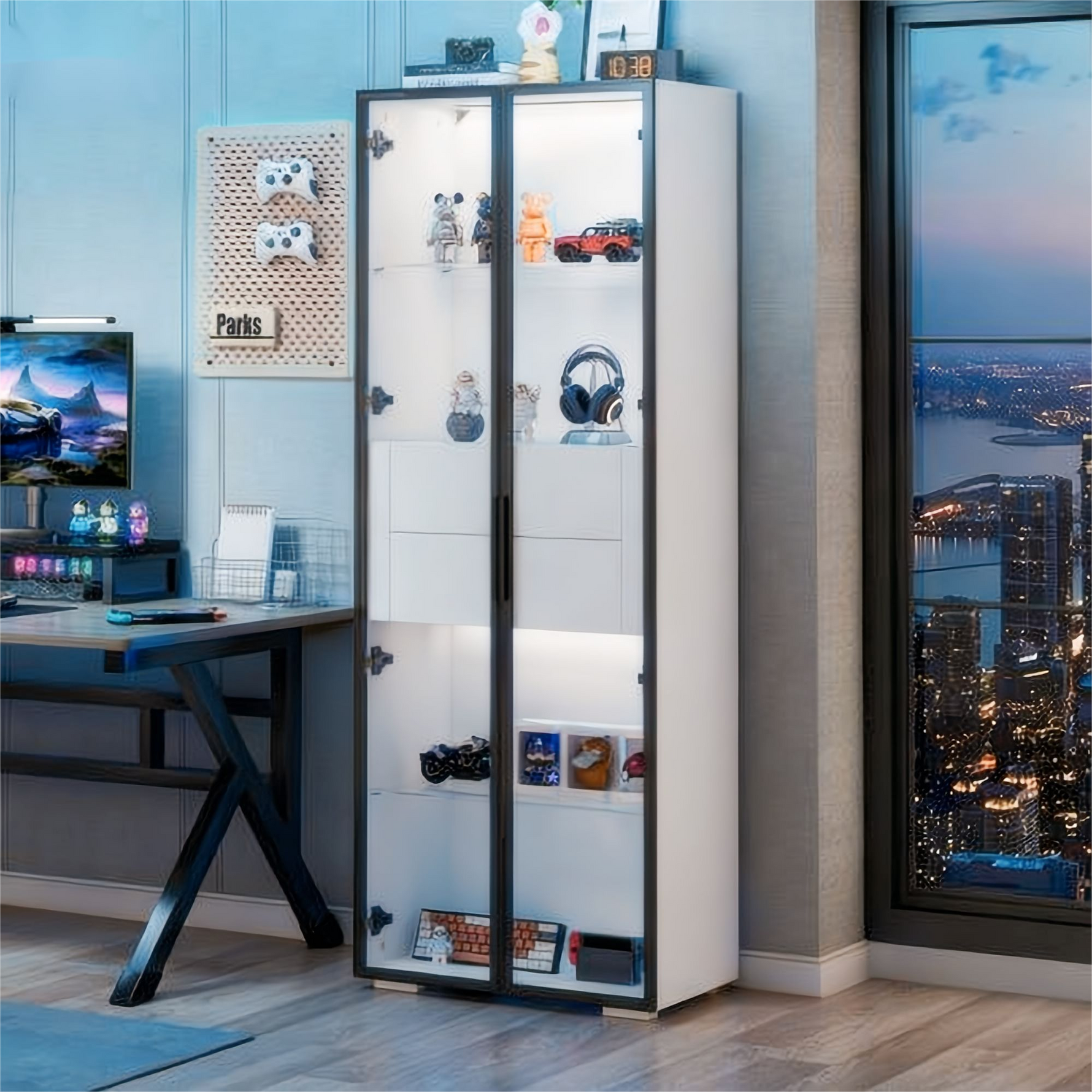 Display Cabinet, Tempered Glass Door, LED, 2 Drawers, White