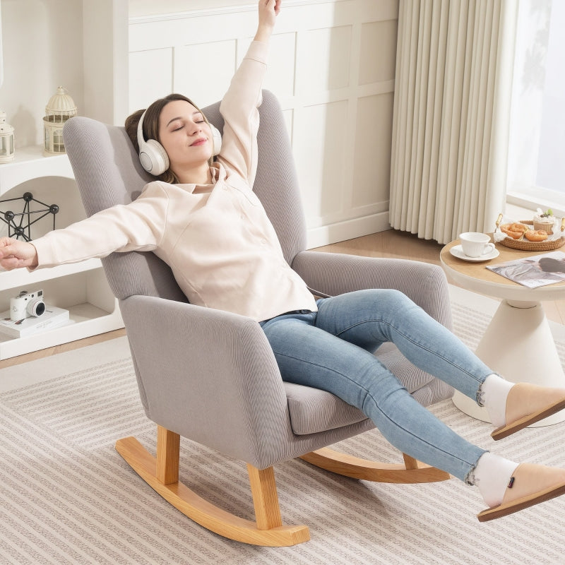 Rocking Chair, High Back Upholstered, Corduroy, Light Grey