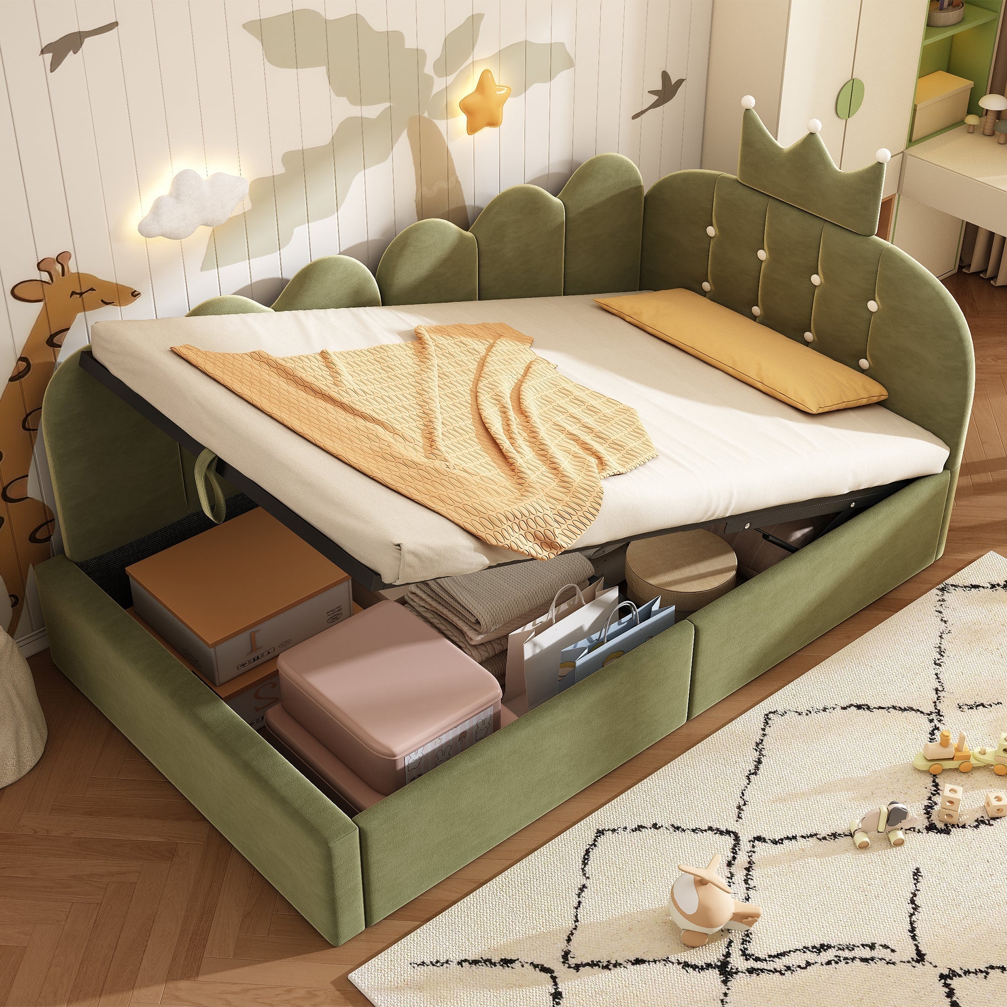 Upholstered Daybed with Hydraulic Storage and L-Shaped Crown-Lattice Design, 90x200cm, Green Velvet