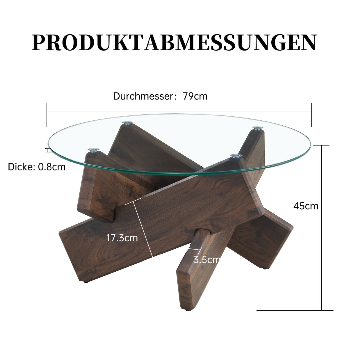 Round Coffee Table 79cm Tempered Glass Top Deep Legs - Walnut Wood Grain MDF