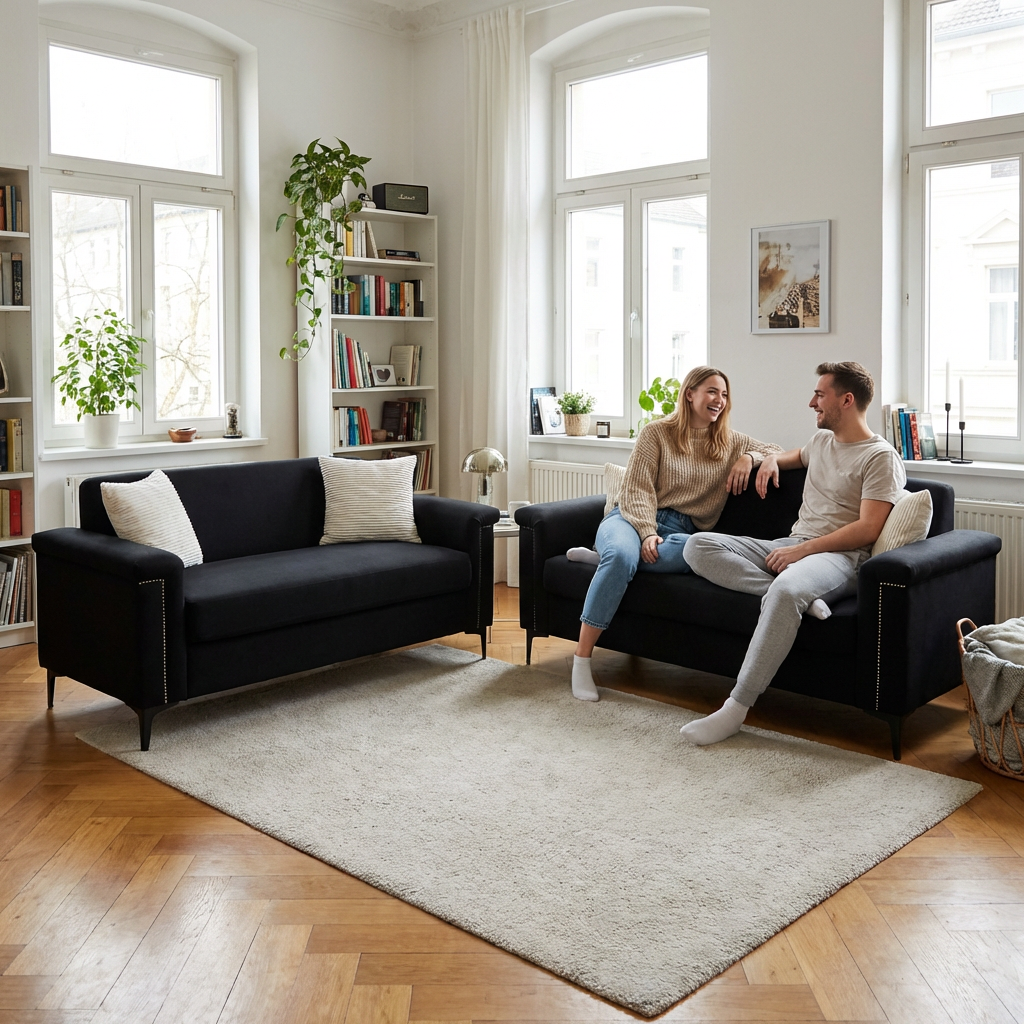 Sofa Set 2-Piece 172cm Space-Saving Metal Legs - Black Fabric