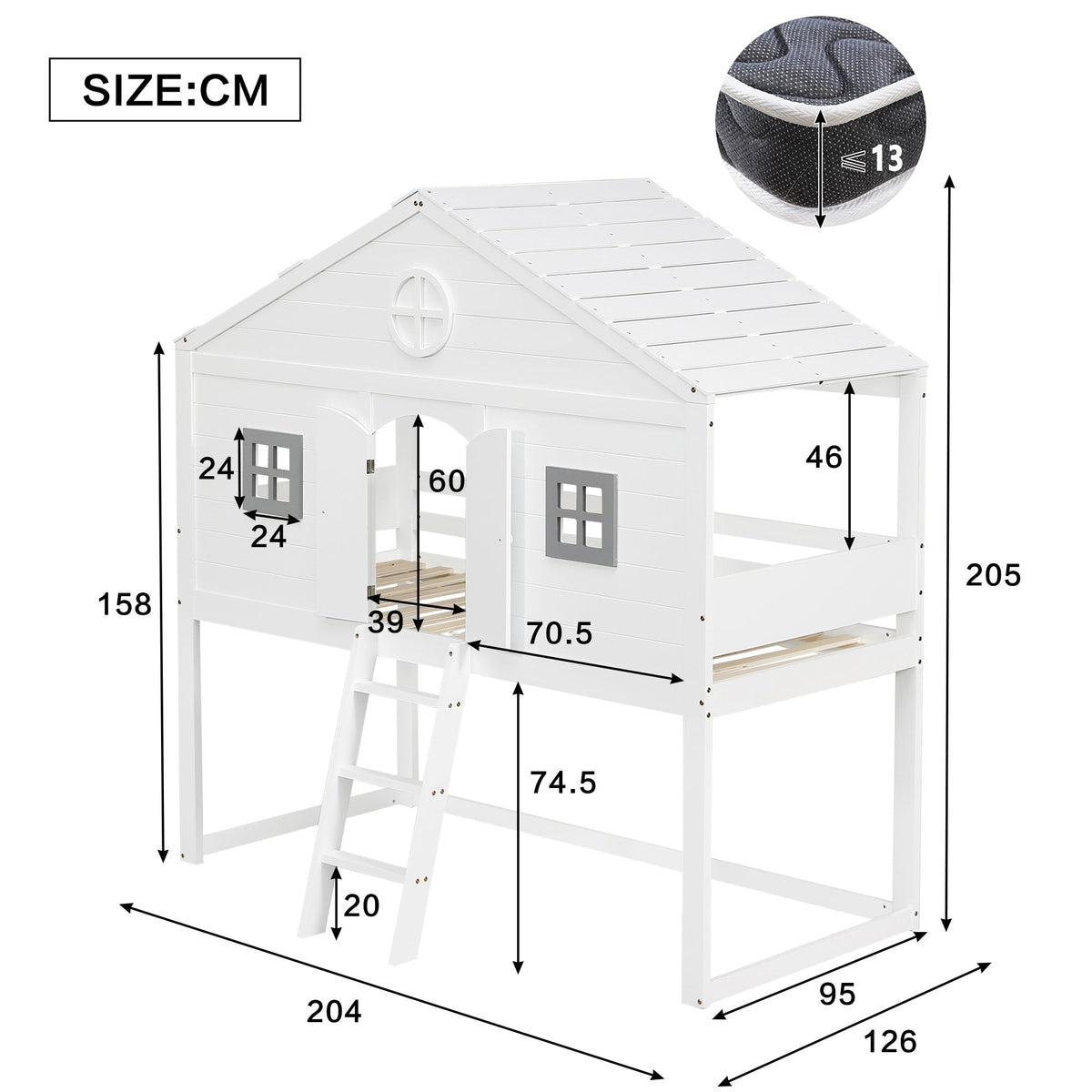 House Bed, Stairs, Safety Rail & Gate, Pine & MDF, White & Grey