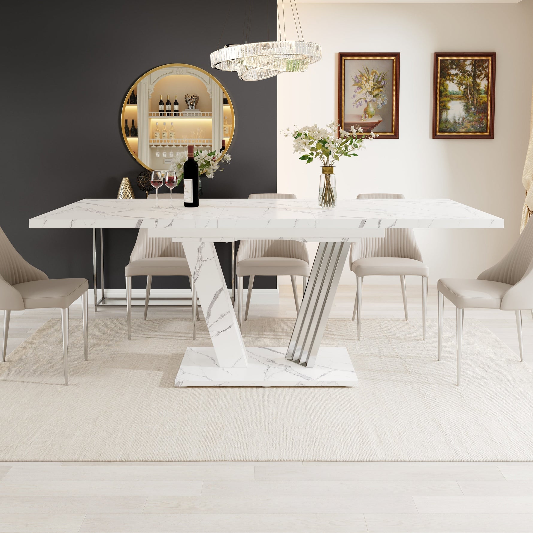 Extendable Dining Table with Butterfly Frame and Leaf, Marble Top and Metal