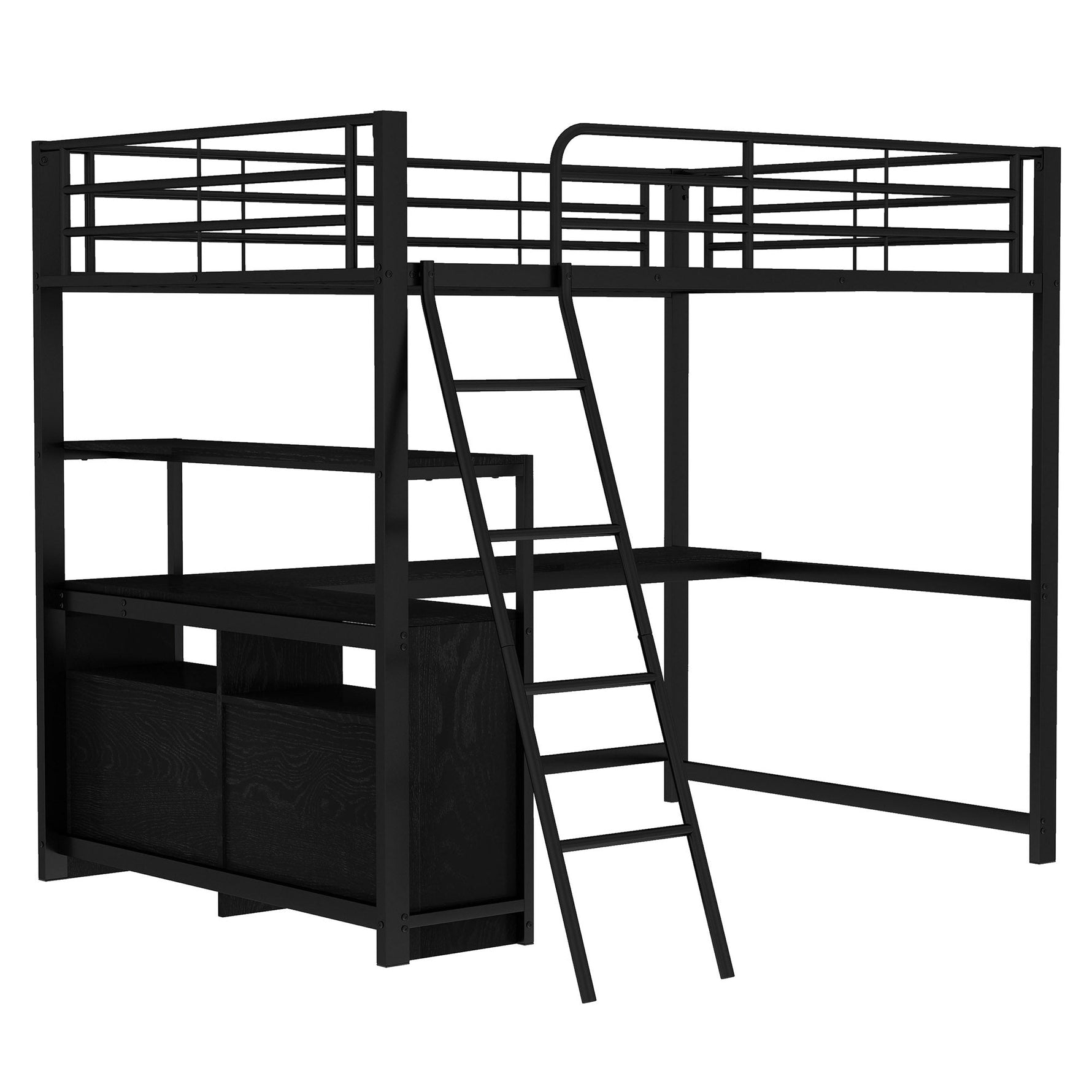 Loft Bed 140x200cm Iron Frame Drawers L-Shaped Desk - Black