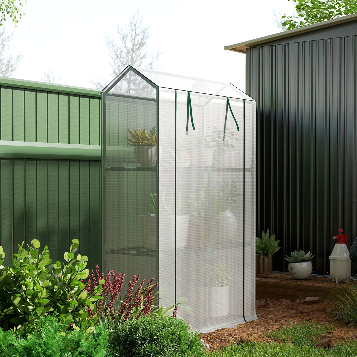 Greenhouse with Shelves, Roller Door, UV Protection, Steel, White