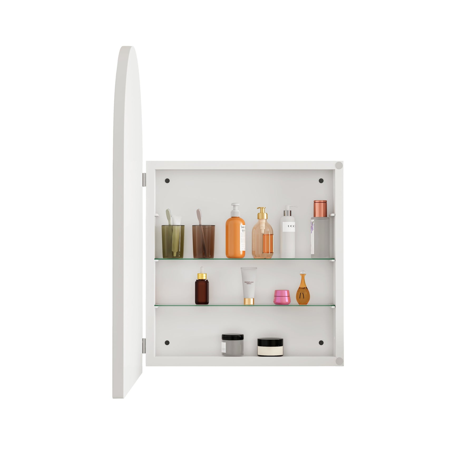 Arched Mirror Cabinet, Recessed/Wall Mount, Adjustable Shelves, White