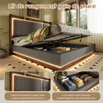 Double Upholstered Bed 140x190 with Storage & LED, Linen Grey & Walnut