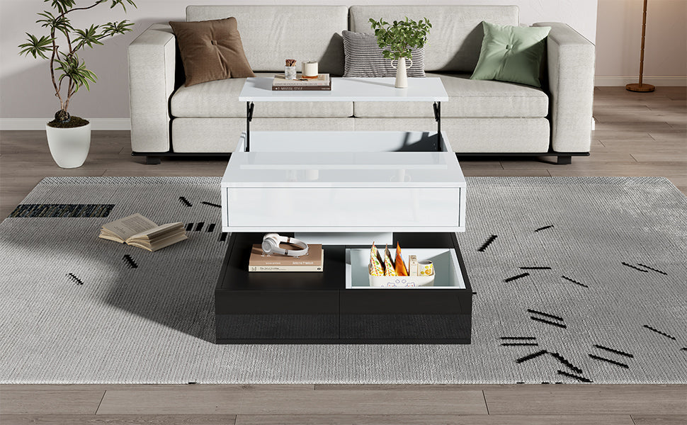 Coffee Table, 360° Rotating Top, 3 Drawers, Liftable, White & Black