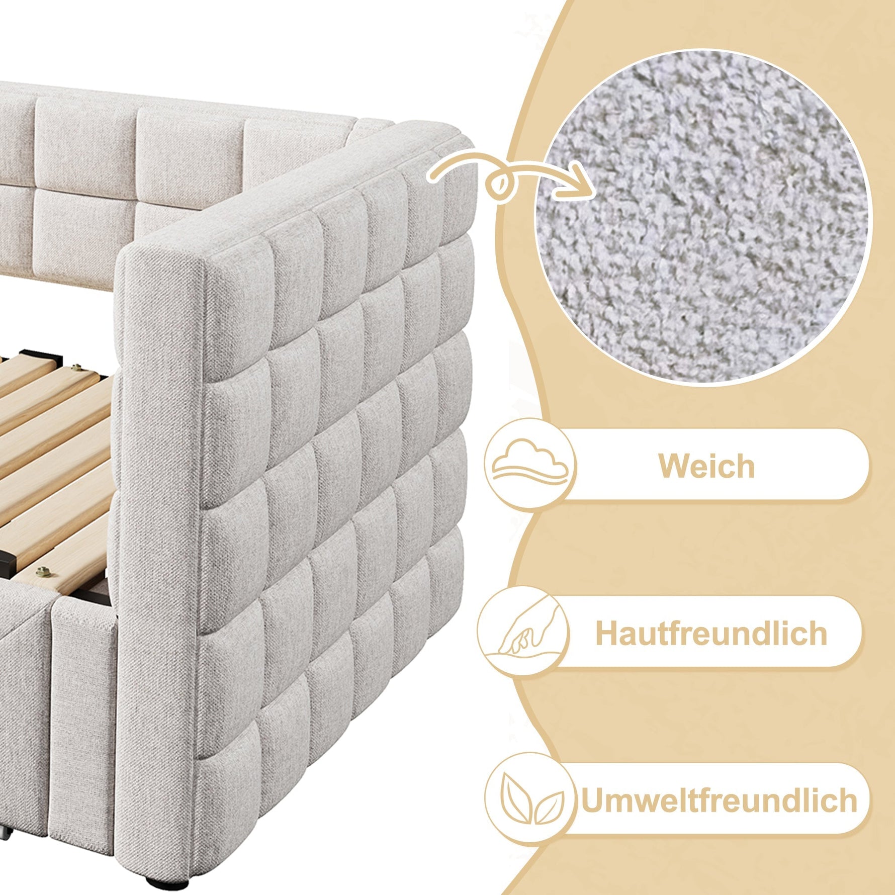 Daybed with Extendable Frame and 2 Storage Drawers, Beige Samt and MDF