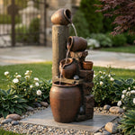 Garden Fountain with LED Lighting, Water Pump and Decorative Basin, Brown Artificial Stone