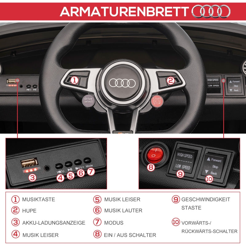 Audi Kids' Electric Car, 2.4G Remote Control, Music, Horn, LED, USB, Black