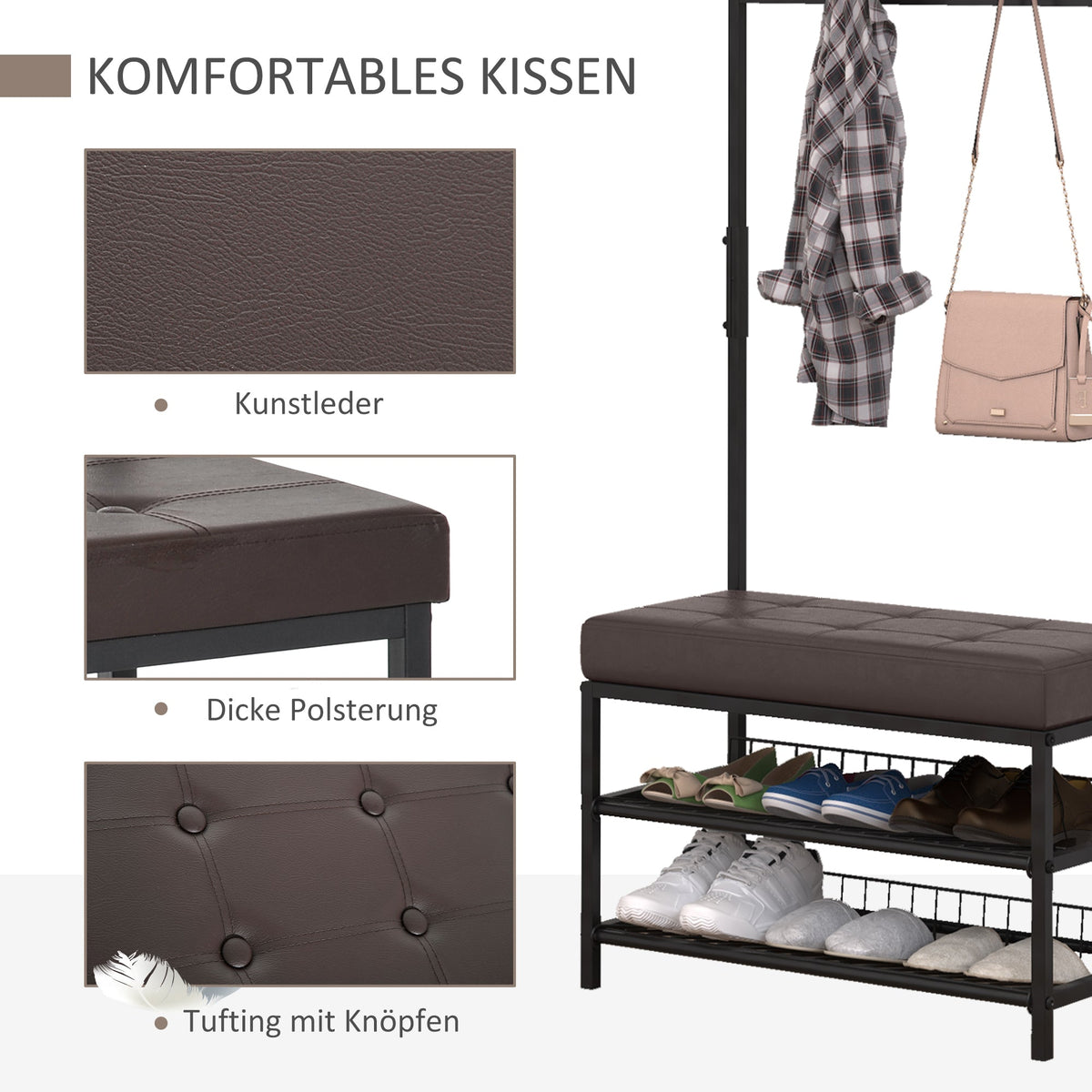 Coat rack with bench and shoe rack, 2 shoe shelves, metal