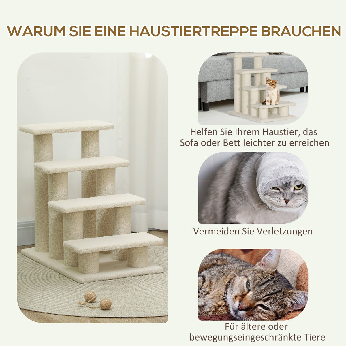 Pet Stairs, 4-Steps, Ideal for Older Animals, Plush Beige
