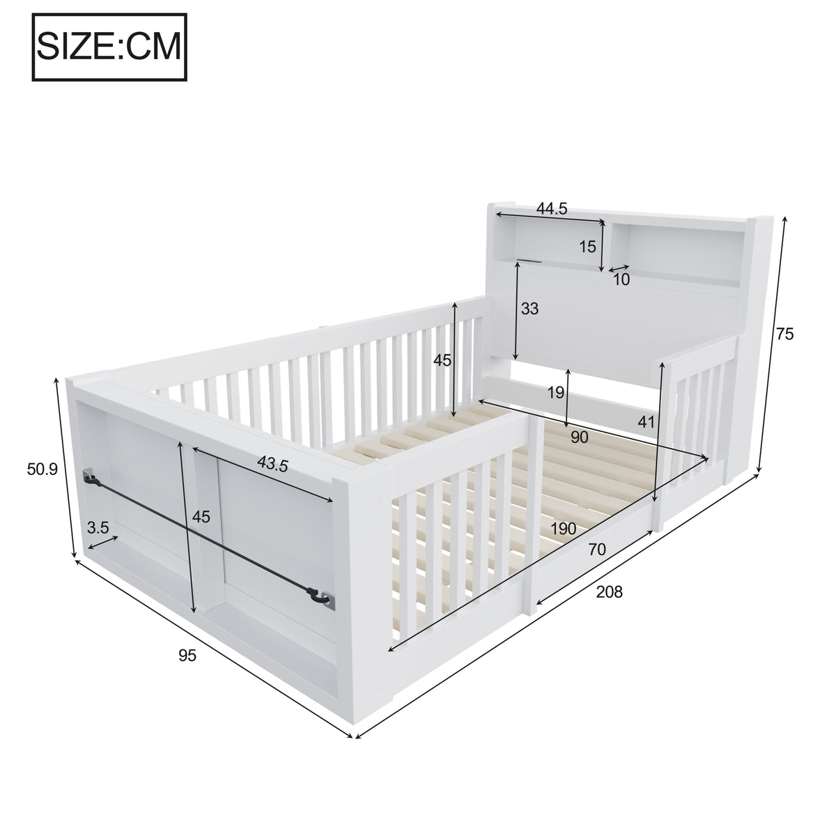 Wooden Single Bed 90x190cm with USB, Light & Storage, White