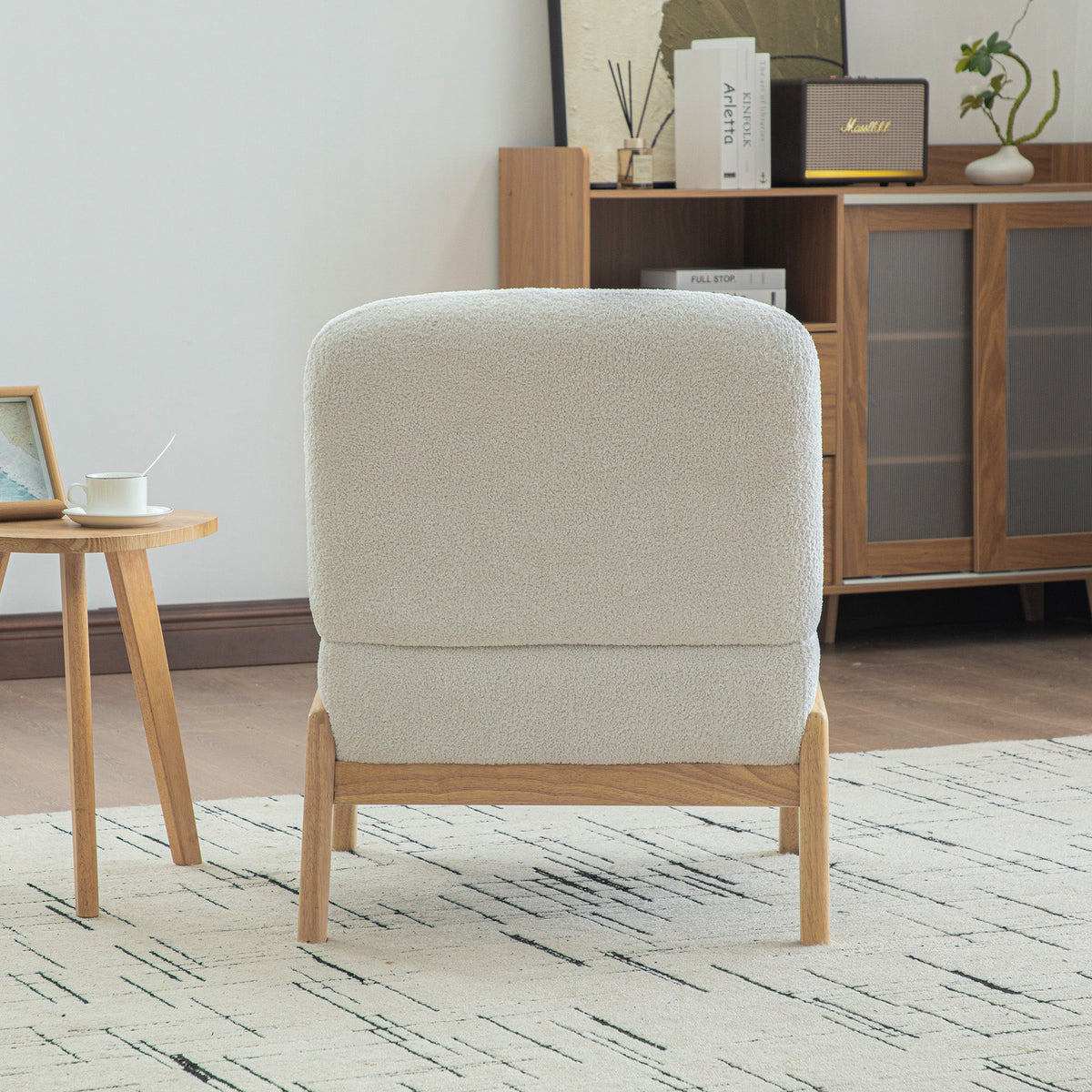Scandinavian Lounge Chair with Wooden Frame and Soft Chenille Fabric, Ivory