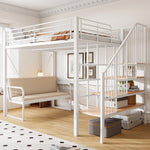 Bunk Bed with Removable Sofa, Storage and Safety Stairs, 140x200cm, White Metal