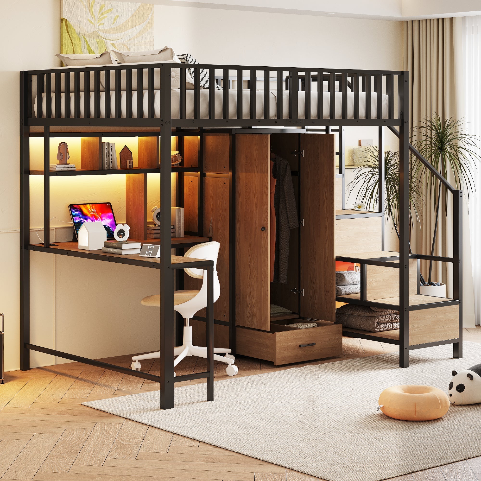 Metal Loft Bed 140x200cm Desk Wardrobe Drawers Storage Ladder LED Charging Black