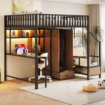 Metal Loft Bed 140x200cm Desk Wardrobe Drawers Storage Ladder LED Charging Black