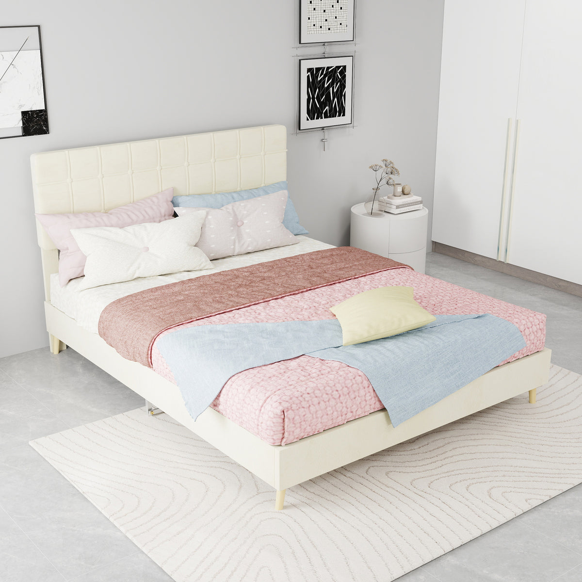 Modern Double Bed 140x200cm with Plaid Headboard, Dark Gray Fabric
