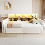 Extendable Upholstered Sofa Bed with LED Headboard, Storage and USB Charging, Beige Velvet