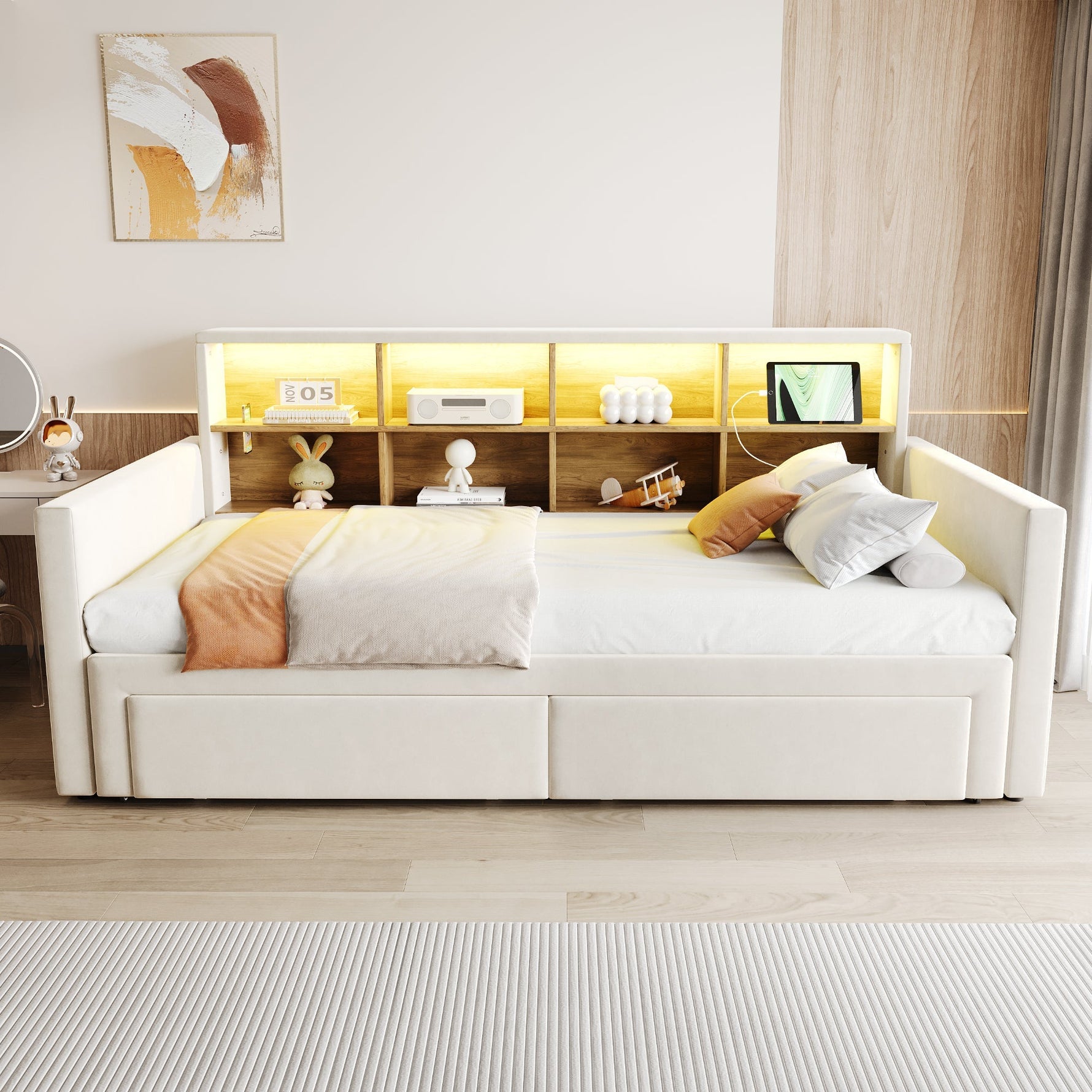 Extendable Upholstered Sofa Bed with LED Headboard, Storage and USB Charging, Beige Velvet
