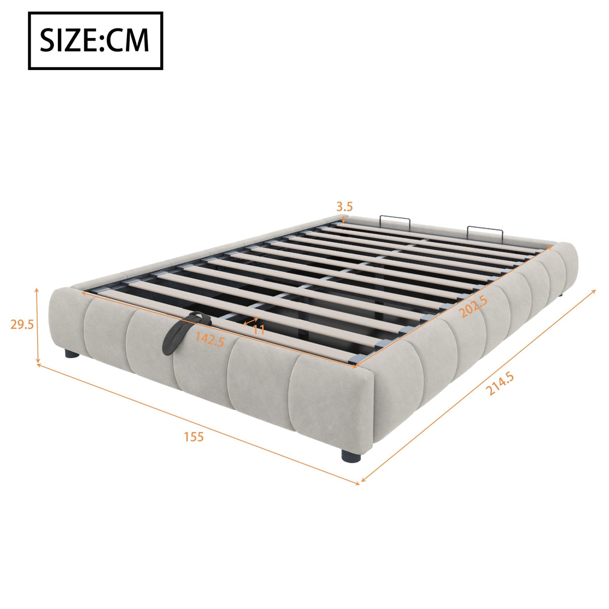 Upholstered Bed, 140x200cm, LED Light, Hydraulic Floating, Beige