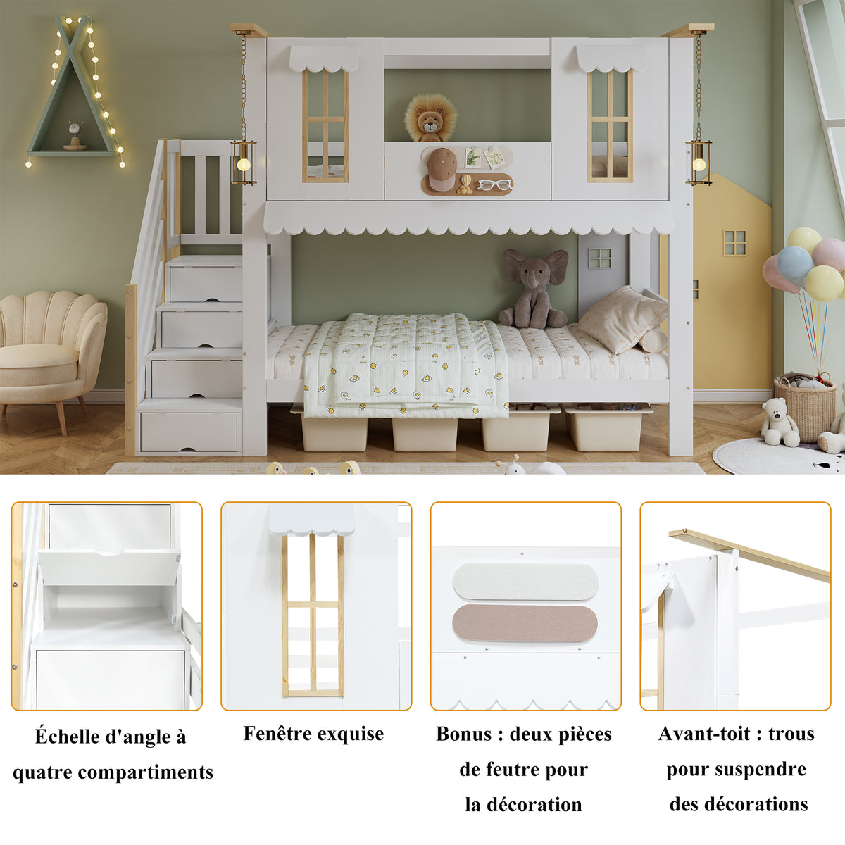 Children's Bunk Bed 90x200cm with Storage Stairs, White & Natural