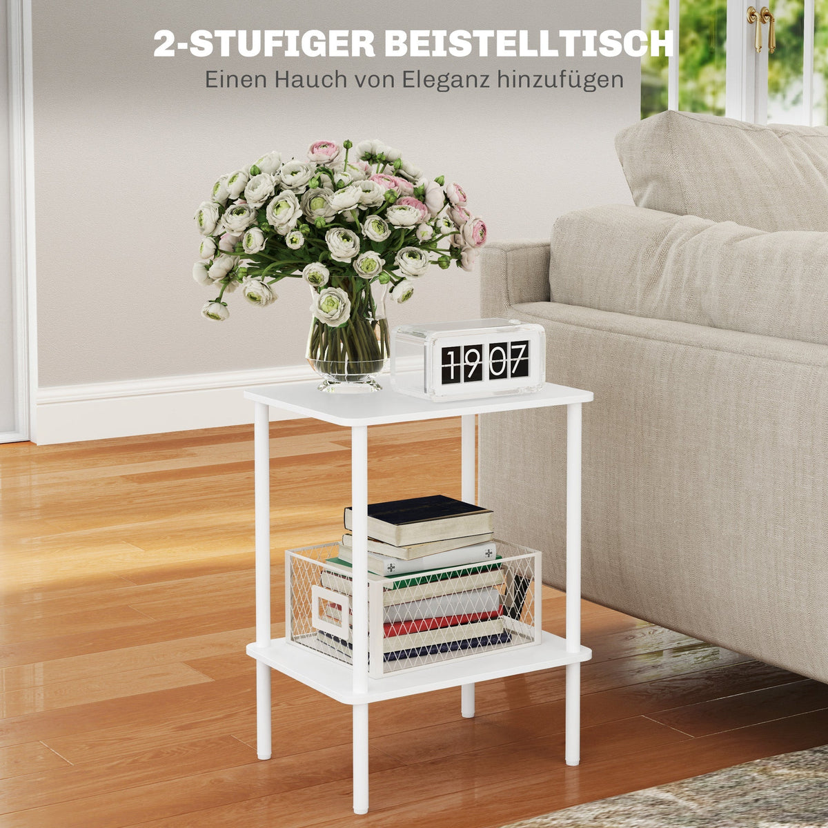 Side Table, 2-Tier Coffee Table with Storage, Metal Frame, White