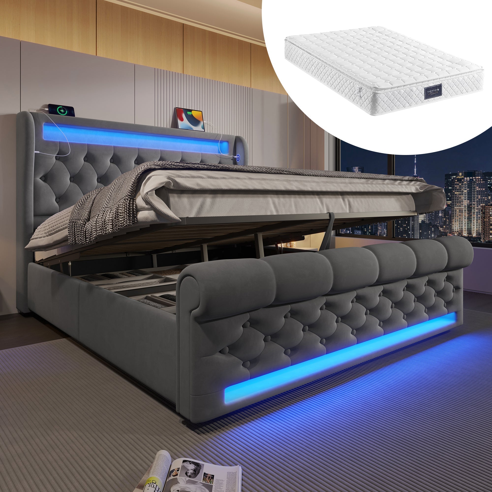 Upholstered Double Bed 140x200cm LED Headboard USB Hydraulic Storage, Grey Velvet
