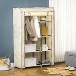 Wardrobe Foldable, 2 Clothes Rails & 6 Compartments, Fabric Cream