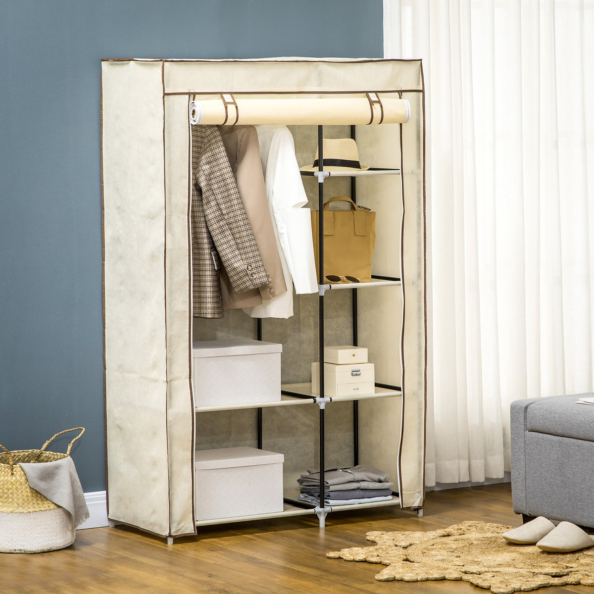 Wardrobe Foldable, 2 Clothes Rails & 6 Compartments, Fabric Cream