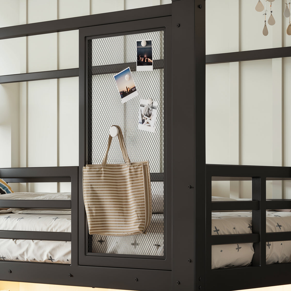 House Loft Bed for Kids with Slide, Storage & LED, Black Metal