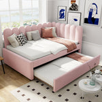 L-shaped Upholstered Bed, Sofa Bed 140x200cm with Pull-Out Bed, Pink Velvet