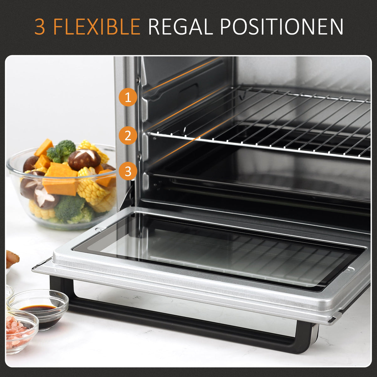 Mini Oven 32L 1600W Electric with Slag Tray, Stainless Steel & Glass, Silver